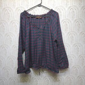 NorthCrest Womens Plus Plaid Henley Blouse Red Green Blue Drawstring Hem 20W 22W